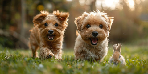 Dog with Rabbit Playing and Running towards the Camera