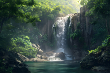 Waterfall in the forest - Enchanting hidden waterfall in a lush tropical jungle - Generated By AI - obrazy, fototapety, plakaty