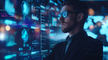 A digital businessman stands confidently, holding a virtual checklist displayed on a futuristic interface, his expression focused on data