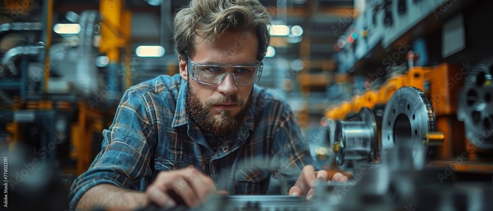 Aufkleber The Engineer/Technician is working on a Personal Computer with two displays, designing new components in CAD programs. Out the Office Window, a manufacturing factory for components is clearly visible.