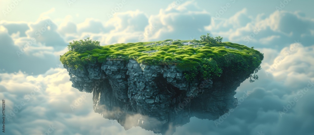 Poster Fantasy floating island with grass field on the rock, surreal float landscape with paradise concept.