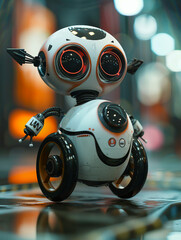 Cute small droid on a wheel, big eyes, two arms, scifi charm, no noise, low texture, 8K - obrazy, fototapety, plakaty