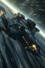 A spaceship travelling through hyperspace in a cinematic style