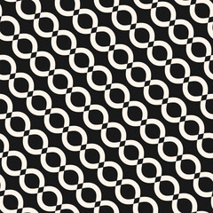 Vector seamless pattern with diagonal wavy shapes, chain, curved lines. Simple black and white geometric texture. Endless abstract monochrome background. Repeated geo design for print, textile, cover