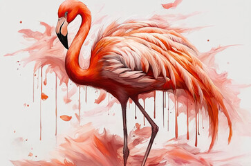 Pink flamingo. White background with paint. AI