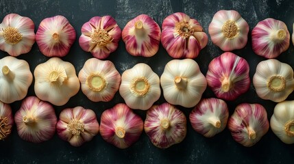 Fresh garlic on the black backgrounds top view. Organic garlic. Food concept. Fresh concept. Garlic...
