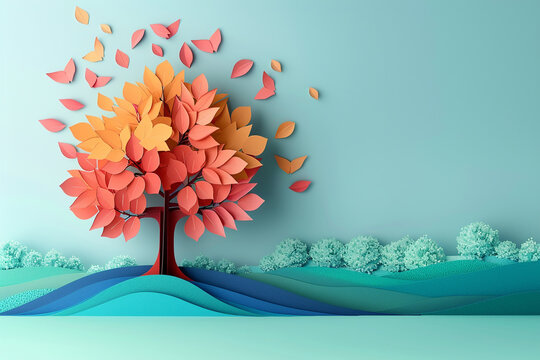 Coloful tree and leaves design paper cut vector