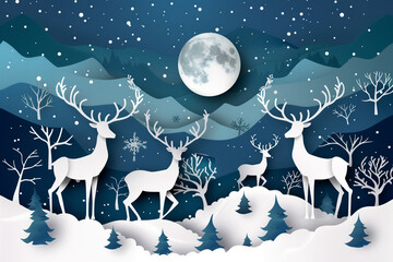 Obraz na płótnie Canvas White deers on snow paper cut vector