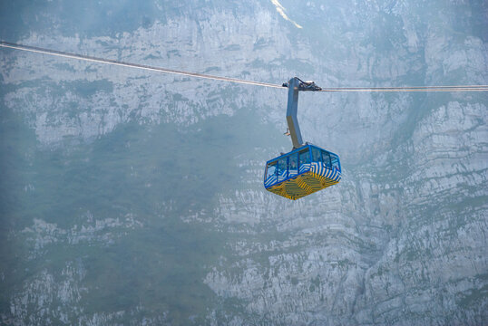 Cable car going through the Schwagalp pass of Santis mountain range, Switzerland