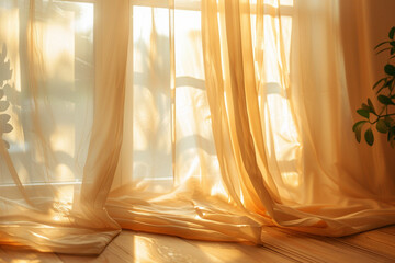 The warm glow of sunlight highlights the gracefulness of flowing sheer curtains in a home setting - obrazy, fototapety, plakaty