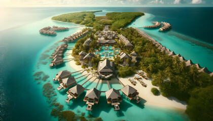 An aerial view of a luxury resort nestled in a tropical setting. The resort features overwater bungalows with thatched roofs