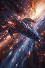 A spaceship travelling through hyperspace in a cinematic style