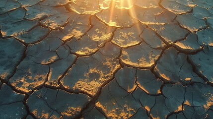 Dry lake with cracked soil at sunset global warming concept