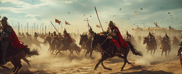 Armored knights on horseback are charging forward. They are carrying swords and lances, and their armor is gleaming in the sun. The knights are riding in formation, and their horses are galloping 