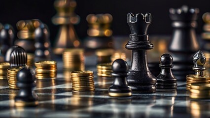 black chess pawns surrounded by scattered coins, with a softly blurred background suggesting strategic financial decision-making and the intersection of wealth and intellect - obrazy, fototapety, plakaty