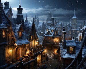 Fantasy winter landscape with old wooden houses on the background of the night city
