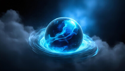 Abstract round energy sphere with moving liquid against dark neon blue clouds. Magical glowing ball.