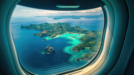 Naklejka premium Islands in from an airplane window. The islands are covered in lush green vegetation and surrounded by crystal-clear blue water. There are a few small boats on the water