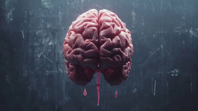 Detailed image of a human brain with blood droplets on a dark background