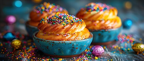 Vibrant Mardi Gras king cake on a festive table with carnival decorations in blue and yellow. Concept Festive Table, Mardi Gras Theme, Carnival Decorations, Vibrant King Cake