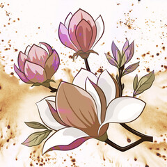 Spring Blossoming Magnolia Tree Flowers on Hand-Draw Watercolor Painting Background