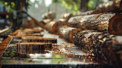 Freshly cut logs with visible tree rings, wet from recent rain or dew, stacked outdoors in a forested area - obrazy, fototapety, plakaty
