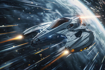 A spaceship travelling through hyperspace in a cinematic style - obrazy, fototapety, plakaty