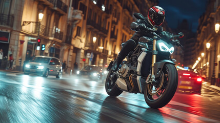 Man riding a motorcycle at night in a city. The motorcycle is red and black and the rider is wearing a black helmet. The city is in the background and is out of focus - obrazy, fototapety, plakaty