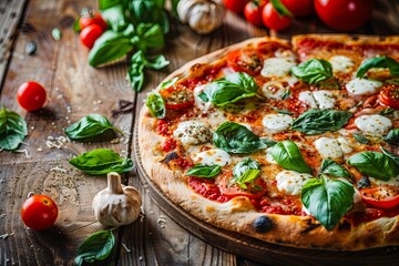 Authentic Italian pizza with fresh basil and mozzarella on a rustic wooden table