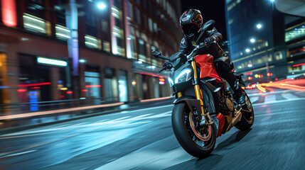 Man riding a motorcycle at night in a city. The motorcycle is red and black and the rider is wearing a black helmet. The city is in the background and is out of focus