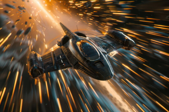 A spaceship travelling through hyperspace in a cinematic style