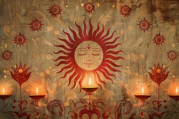 Ethereal Sun Face Mural With Flaming Diyas On A Textured Wooden Background. Sinhalese New Year Spiritual Celebrations and Greeting Cards. Digital illustration. AI Generated