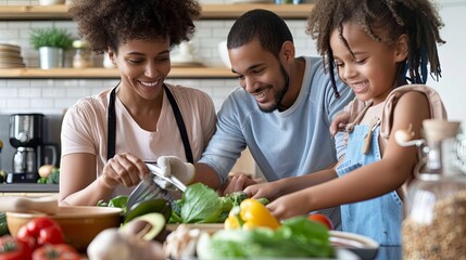 Family preparing a healthy meal together highlighting a variety of fresh ingredients on the kitchen counter