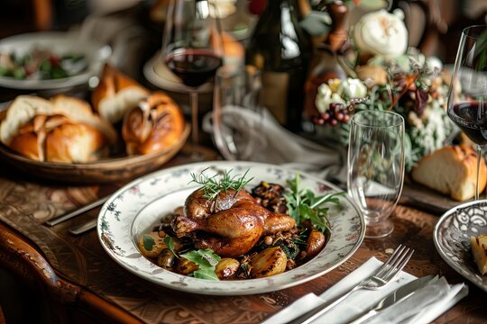 Elegant French dining setting with classic dishes like coq au vin and ratatouille