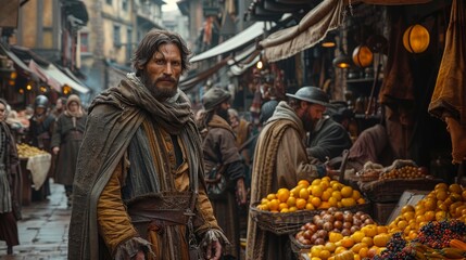 Obraz premium Medieval Market: Photograph bustling market scenes with merchants, traders, and peasants selling goods to showcase daily life during the Middle Ages 
