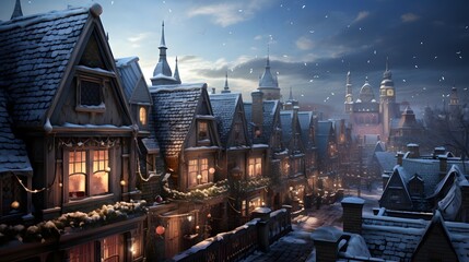 Snowy winter city panorama at night. Christmas and New Year concept