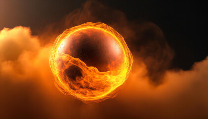 Abstract round energy sphere with moving liquid against dark neon orange clouds. Magical glowing ball.