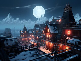 Winter village at night with full moon. 3d render illustration.