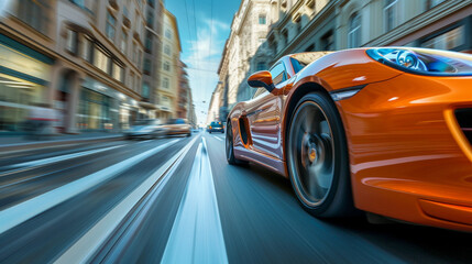 orange luxury car overtaking on the street  , city street , traffic urban , speed motion line , day light - obrazy, fototapety, plakaty