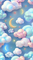 clouds and moons 3d, glossy plastic texture, seamless pattern