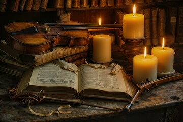 Vintage instruments candles books. Incredible and artistic objects bathed glowing light. Generate AI