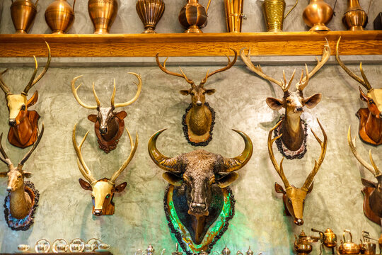 background of decorative items such as cups, plates, various animal statues, vintage sofas, that are decorated in the current cafe, is beautiful and allows customers to stop and take photos