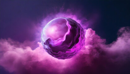 Abstract round energy sphere with moving liquid against dark neon purple clouds. Magical glowing ball.