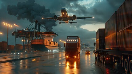 Global business, logistics and transportation, import, export, goods, container ship at international port. Cargo plane flies over truck transport container logistics industry