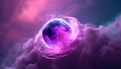 Abstract round energy sphere with moving liquid against dark neon purple clouds. Magical glowing ball.
