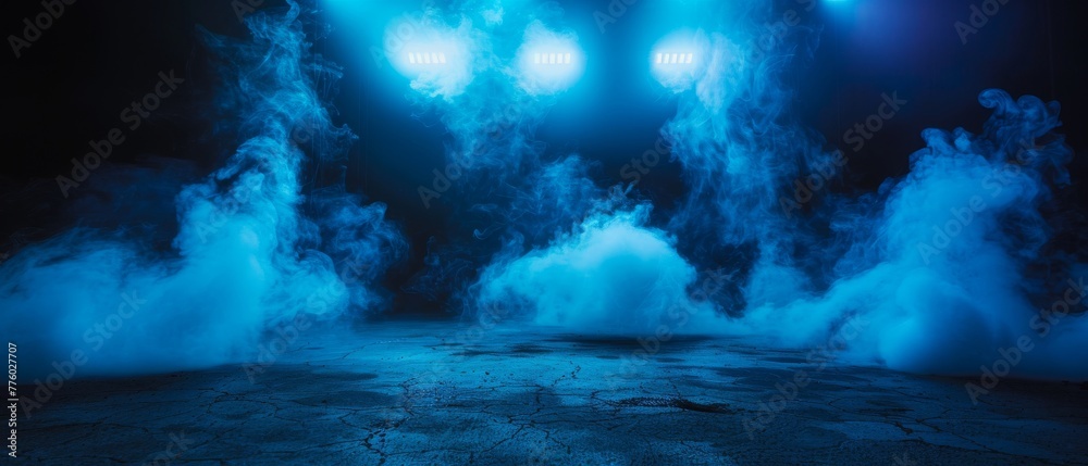 Aufkleber Dark stage shows with dark blue backdrop, an empty dark scene with neon light and spotlights. An asphalt floor and studio room with smoke float up the texture of the interior.