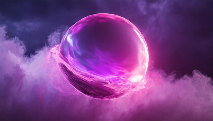 Abstract round energy sphere with moving liquid against dark neon purple clouds. Magical glowing ball.