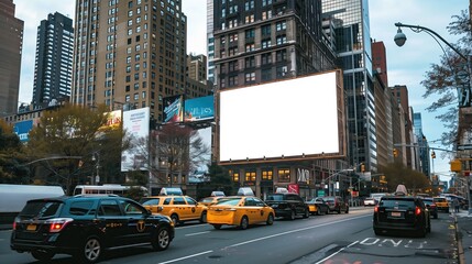 Blank billboard in the city center with people and cars in the road for advertising.