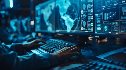 Close Up of a Professional Office Specialist Working on Desktop Computer in Modern Technological Monitoring Control Room with Digital Screens. Manager Typing on keyboard and Using Mouse