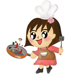 A cartoon girl cooking with a pan and bowl of food 